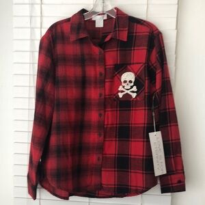 LIFE Flannel Top Button down Shirt Red Black Plaid Long Sleeves SZ M NWT